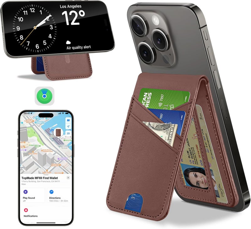 TopMade for MagSafe Wallet, Works with Apple Find My, Magnetic Wallet for iPhone 17/16/15/14/13/12 Series, for iPhone Wallet Stand with Finder Tracker, 6 Card Holder, RFID Blocking, Slim, Dark Brown - Image 1